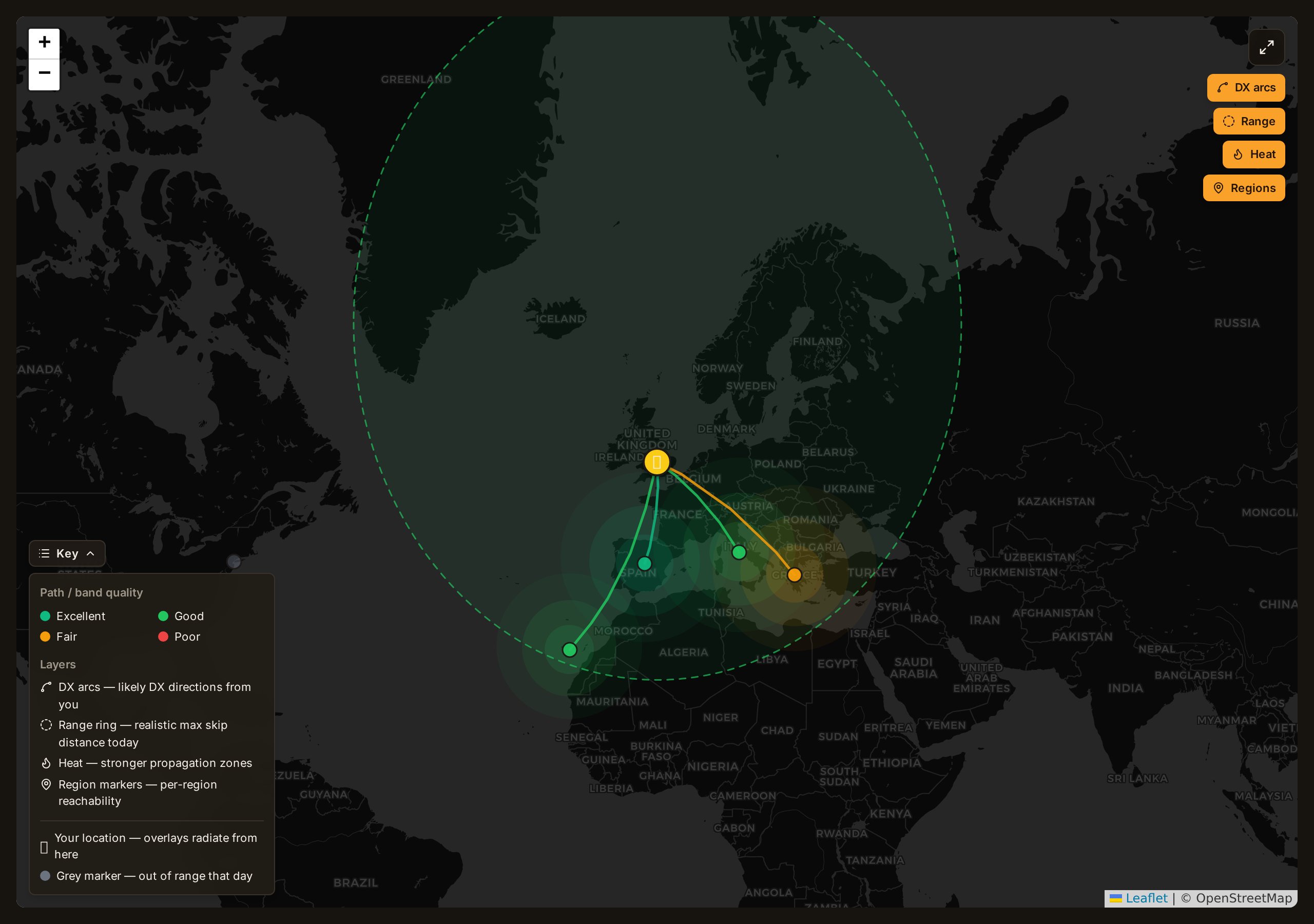 Skip Map showing DX arcs, range ring, propagation heat and region markers from your location